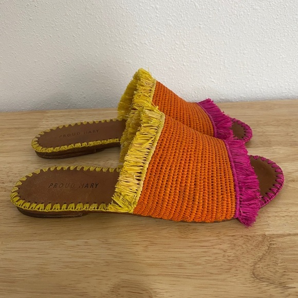 Proud Mary Woven Fringe Flat Sandals Slides Orange Woven Slides 7.5 Straw Raffia - Picture 1 of 6